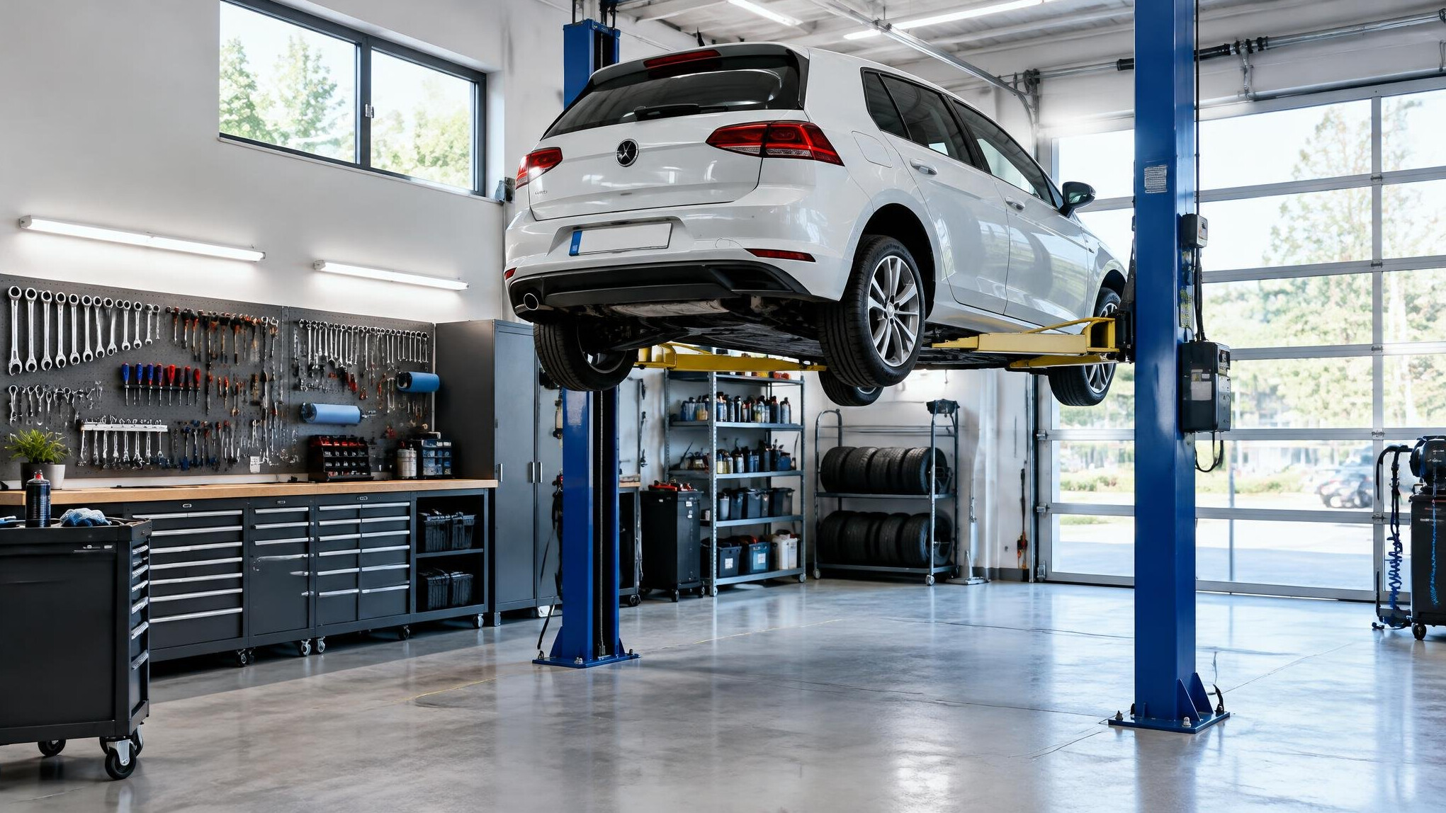 Sports car being upgraded in a bright modern garage